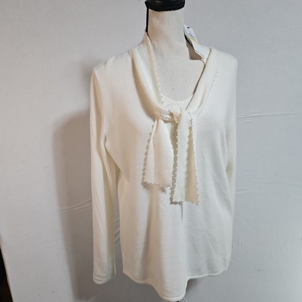 Mercer Street Studio Soft White Luxelon Pearl Trim‎ Tie Neck Sweater Medium NWT